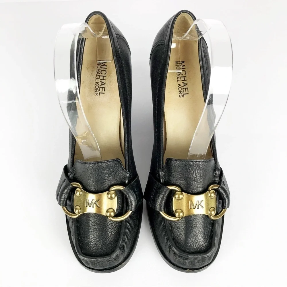 Michael Kors Leather Wooden Stacked Wedge Loafers With Gold Timed Logo Plate 8.5